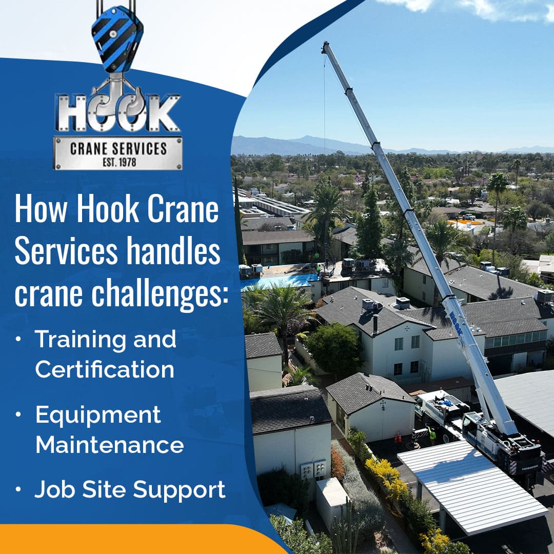 A blue and white graphic titled "How Hook Crane Services handles crane challenges." It features the Hook Crane Services logo and a bulleted list of their solutions: Training and Certification, Equipment Maintenance, and Job Site Support. On the right, an aerial view shows a long crane boom extended over a residential area.