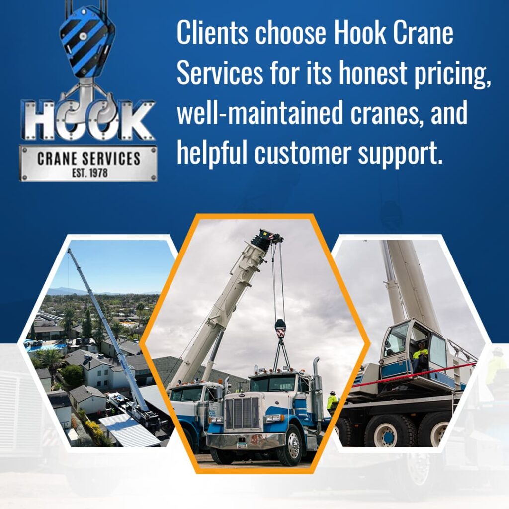 A blue and white graphic promoting Hook Crane Services. It features their logo (a crane hook with "HOOK CRANE SERVICES EST. 1978"), a large text block stating "Clients choose Hook Crane Services for its honest pricing, well-maintained cranes, and helpful customer support," and three hexagonal insets showing various crane operations. The insets show a crane over a residential area, a crane lifting a load onto a truck, and a close-up of a crane operator's cabin.