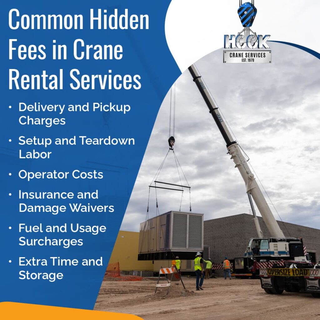 A blue and white graphic titled "Common Hidden Fees in Crane Rental Services." It displays the Hook Crane Services logo and a bulleted list of potential hidden costs: Delivery and Pickup Charges, Setup and Teardown Labor, Operator Costs, Insurance and Damage Waivers, Fuel and Usage Surcharges, and Extra Time and Storage. On the right, a large crane is shown lifting a rectangular industrial unit on a construction site.