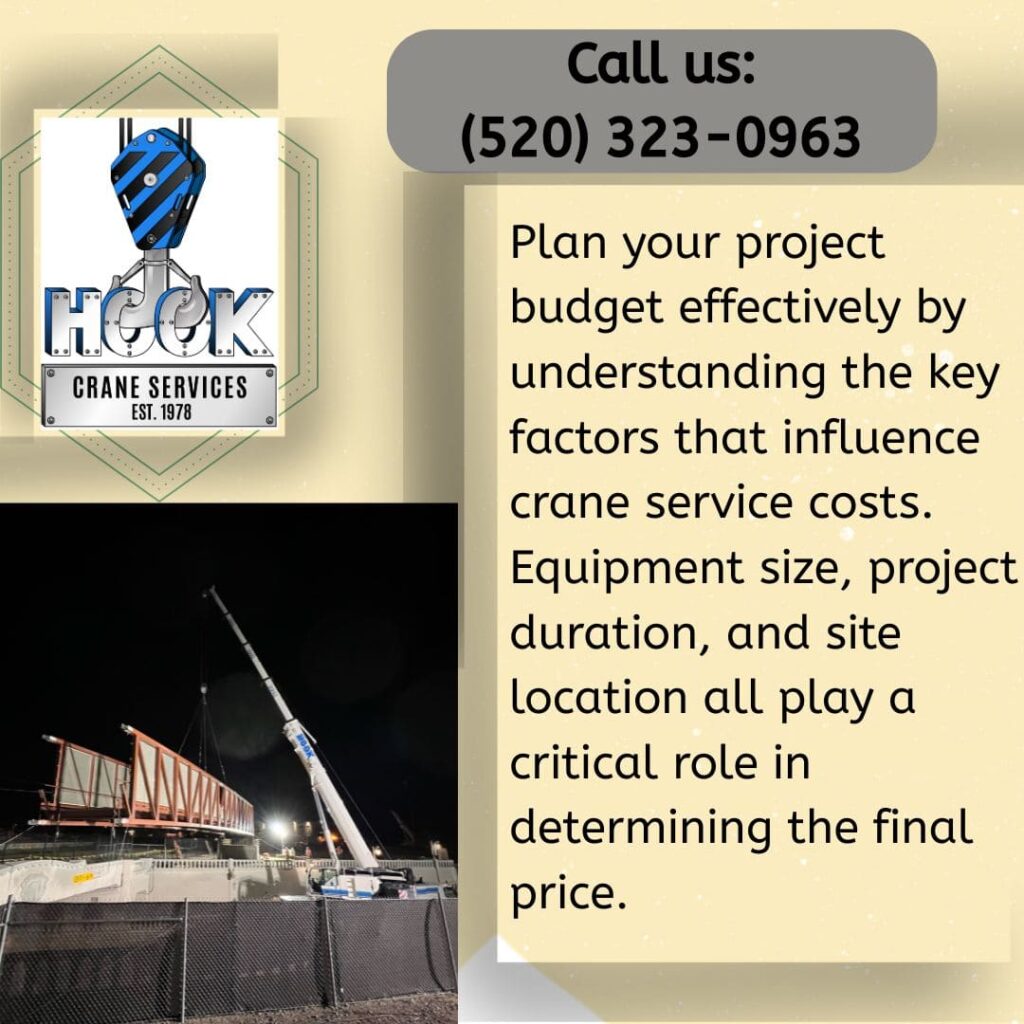 An ad for Hook Crane Services shows a crane operating at night, illuminated by lights. The text provides guidance on planning project budgets by considering factors like equipment size, project duration, and site location.