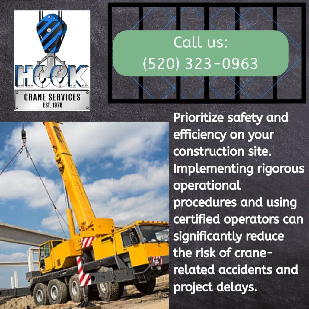 A Hook Crane Services ad shows a yellow mobile crane lifting a large beam at a construction site. The ad focuses on prioritizing safety and efficiency with rigorous operational procedures and certified operators to reduce risks.