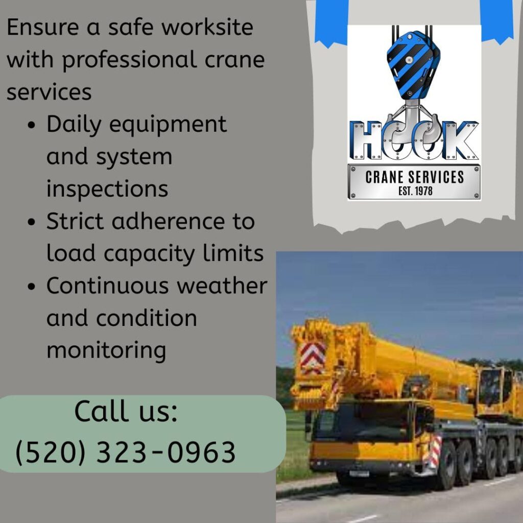 A Hook Crane Services ad shows a large yellow mobile crane on a road. The ad highlights safety, with bullet points on daily inspections, adherence to load limits, and continuous weather monitoring.