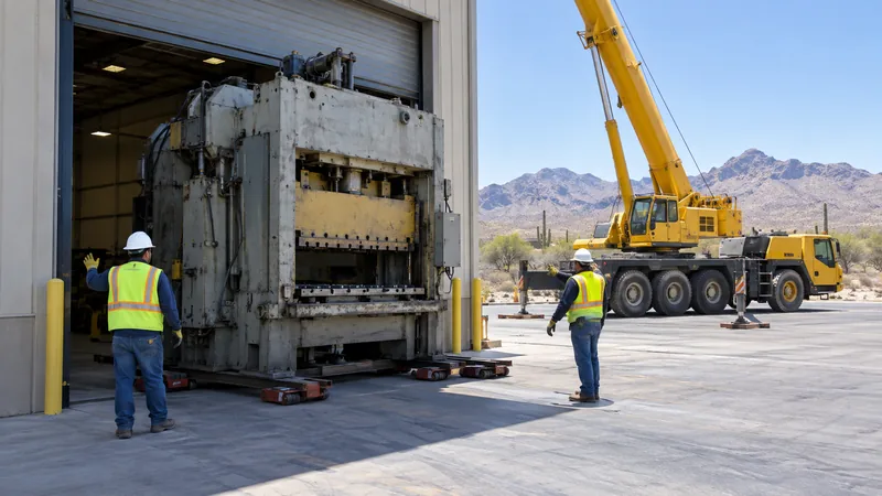Riggers guiding a heavy industrial press on machinery skates out of a shop door toward a mobile crane