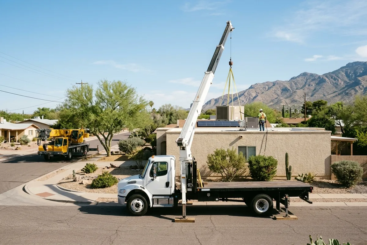 White boom truck lifting an AC unit onto a stucco house's flat roof, with a yellow truck crane parked down the street